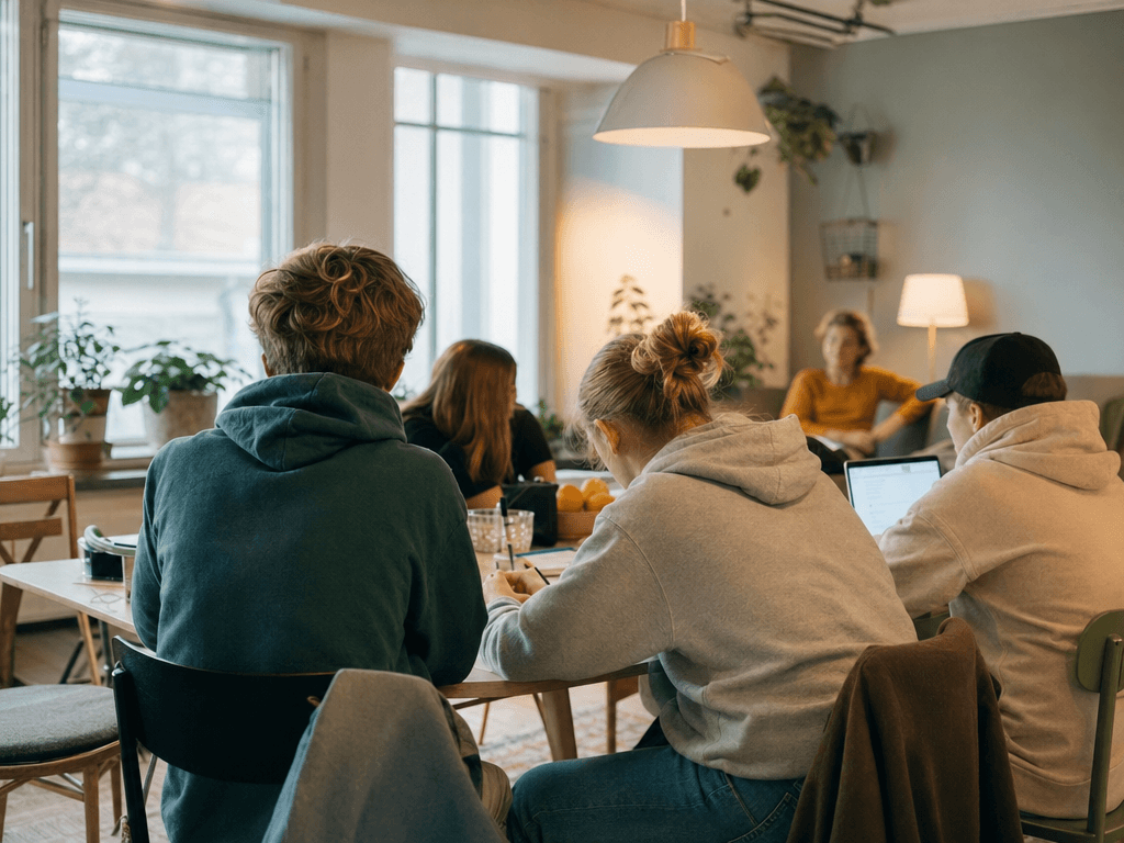 Nuoria opiskelemassa ja osallistumassa ohjattuun arjen toimintaan.